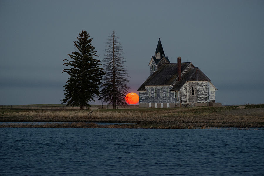 Take the Red Pill - Moonrise at the Big Coulee - Abandoned rural ND church with lake Photograph by Peter Herman
