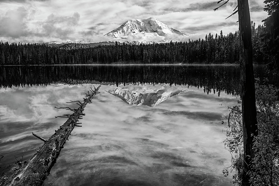 Takhlakh Lake with Mount Adams - Black and White Photograph by Loree Johnson