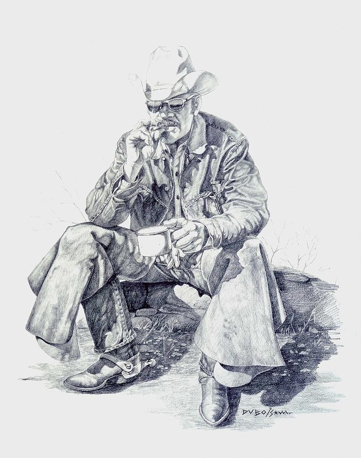 Cowboy Drawing - Takin A Break by Howard Dubois