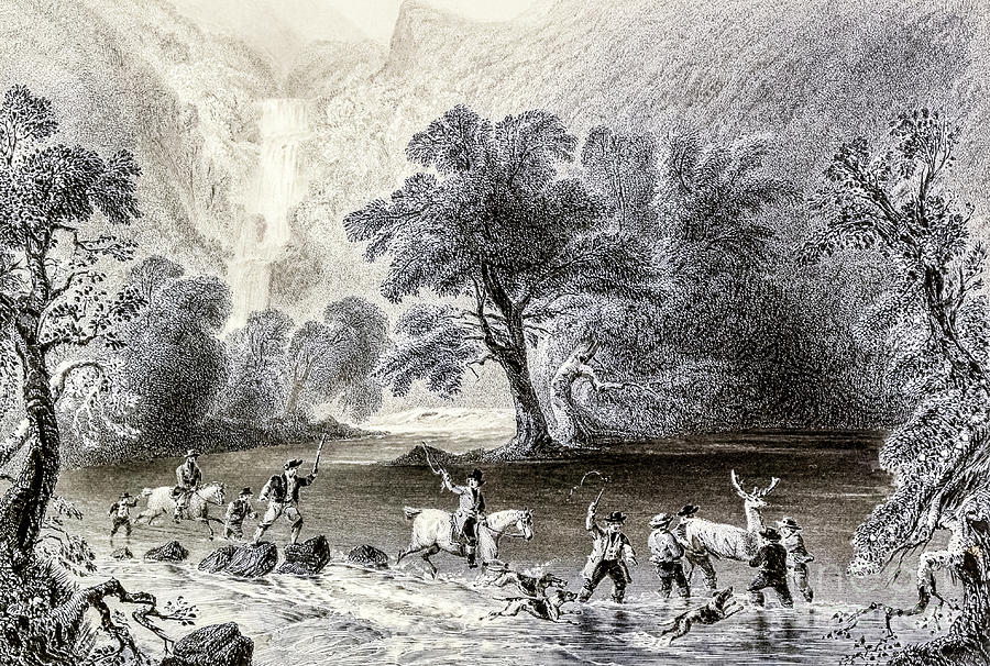 Taking a Stag near Derrycunnehey Cascade u1 Drawing by Historic Illustrations