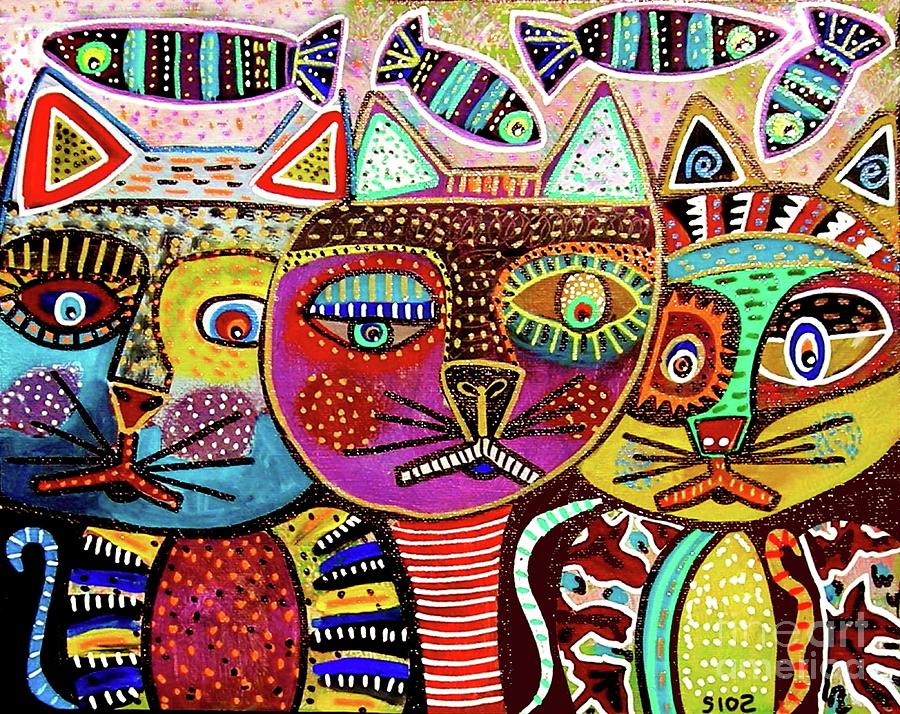 Talavera Cat Amigos Painting by Sandra Silberzweig