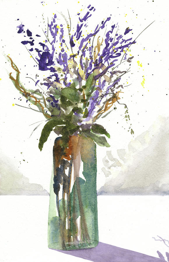 Tall Purple Flowers In Narrow Green Vase Painting by Deborah League