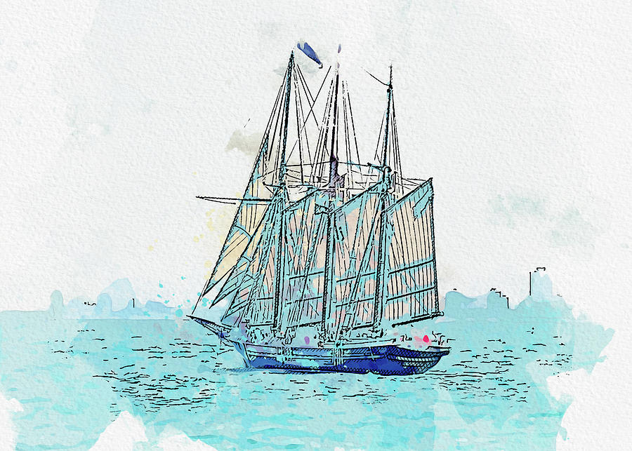 Tall Sail ship 1, ca 2021 by Ahmet Asar, Asar Studios Painting by Celestial Images