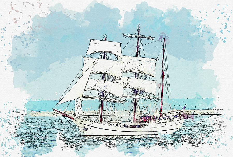 Tall Sail Ship 30, ca 2021 by Ahmet Asar, Asar Studios Painting by Celestial Images