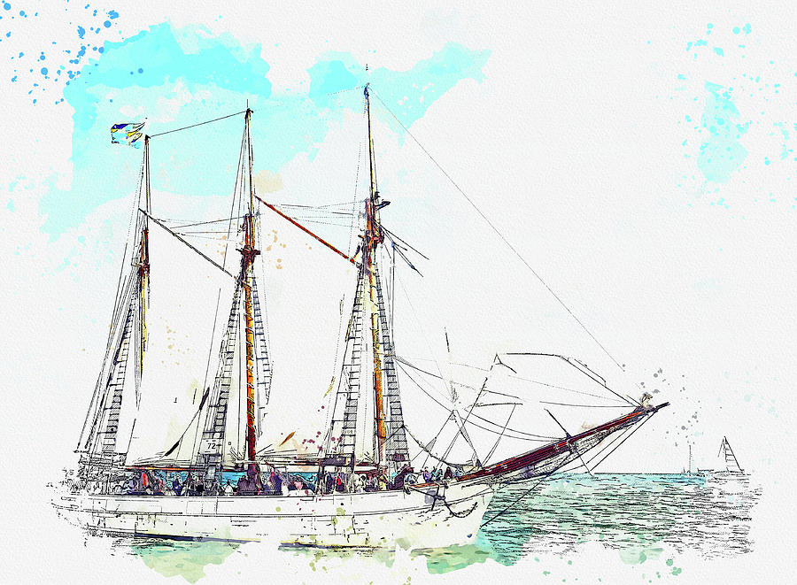 Tall Sail Ship 31, ca 2021 by Ahmet Asar, Asar Studios Painting by Celestial Images