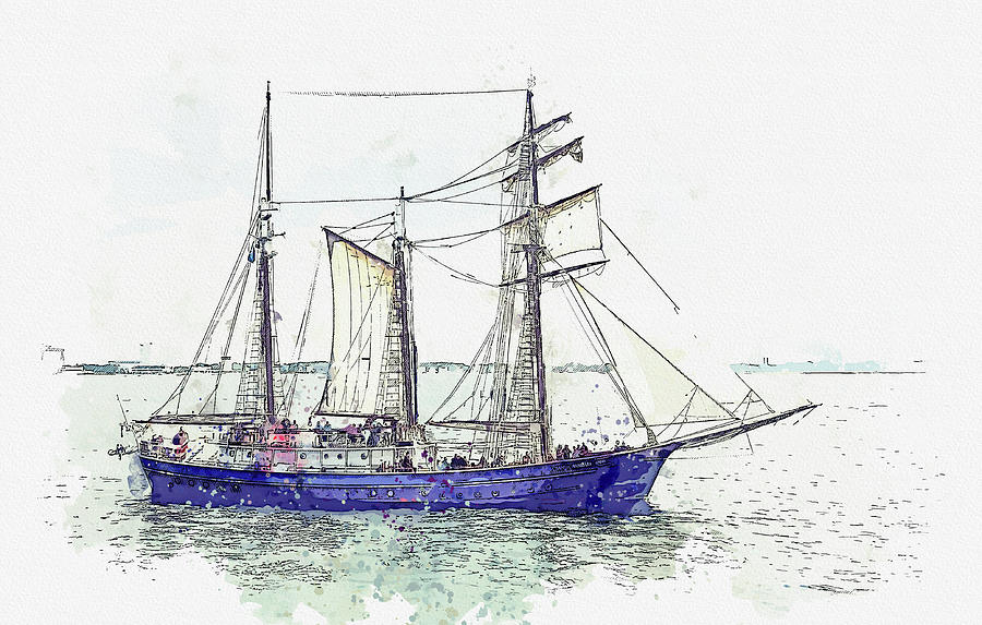 Tall Sail Ship 34, ca 2021 by Ahmet Asar, Asar Studios Painting by Celestial Images