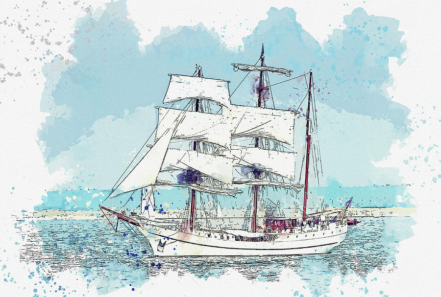 Tall Sail Ship 36, ca 2021 by Ahmet Asar, Asar Studios Painting by Celestial Images