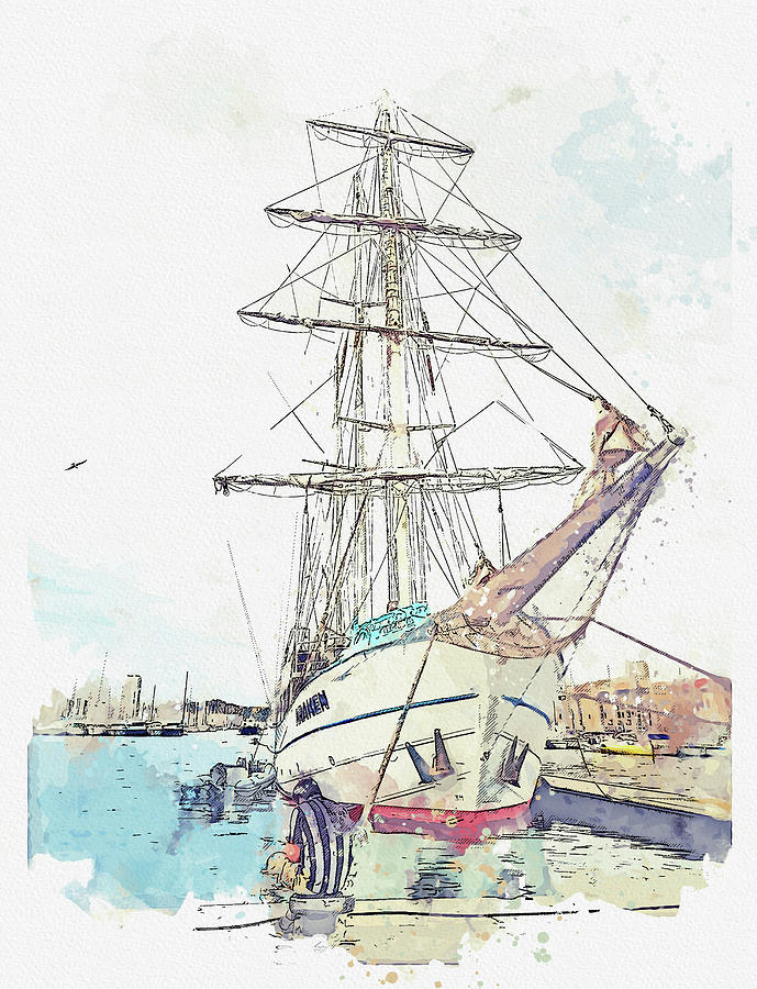Tall Sail ship 4, ca 2021 by Ahmet Asar, Asar Studios Painting by Celestial Images