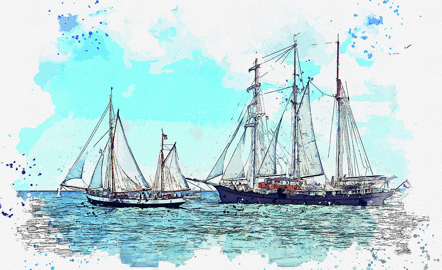 Tall Sail Ship 44, ca 2021 by Ahmet Asar, Asar Studios Painting by Celestial Images