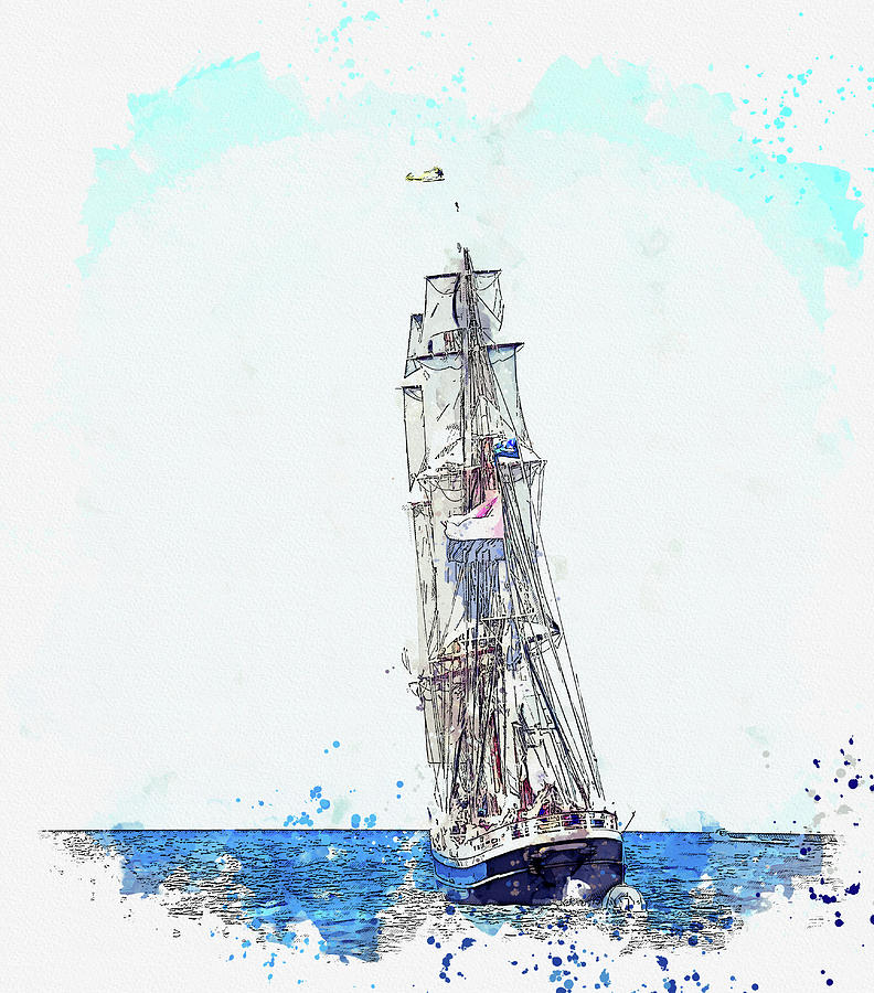 Tall Sail Ship 46, ca 2021 by Ahmet Asar, Asar Studios Painting by Celestial Images
