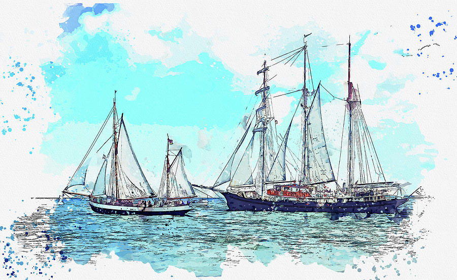 Tall Sail Ship 47, ca 2021 by Ahmet Asar, Asar Studios Painting by Celestial Images