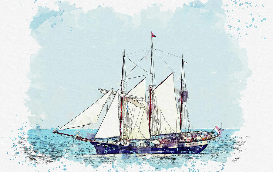 Tall Sail Ship 49, ca 2021 by Ahmet Asar, Asar Studios Painting by Celestial Images