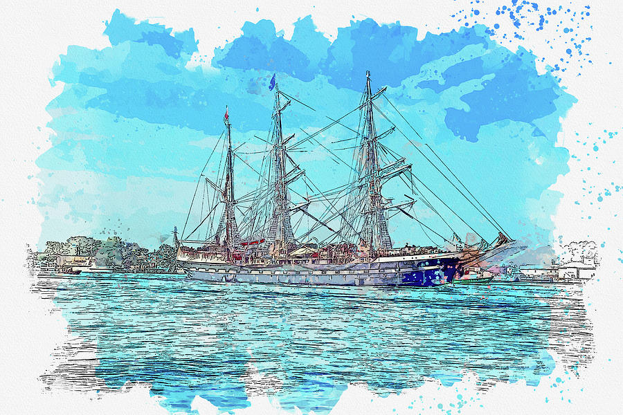 Tall Sail ship 5, ca 2021 by Ahmet Asar, Asar Studios Painting by Celestial Images