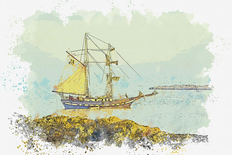 Tall Sail ship 9, ca 2021 by Ahmet Asar, Asar Studios Painting by Celestial Images