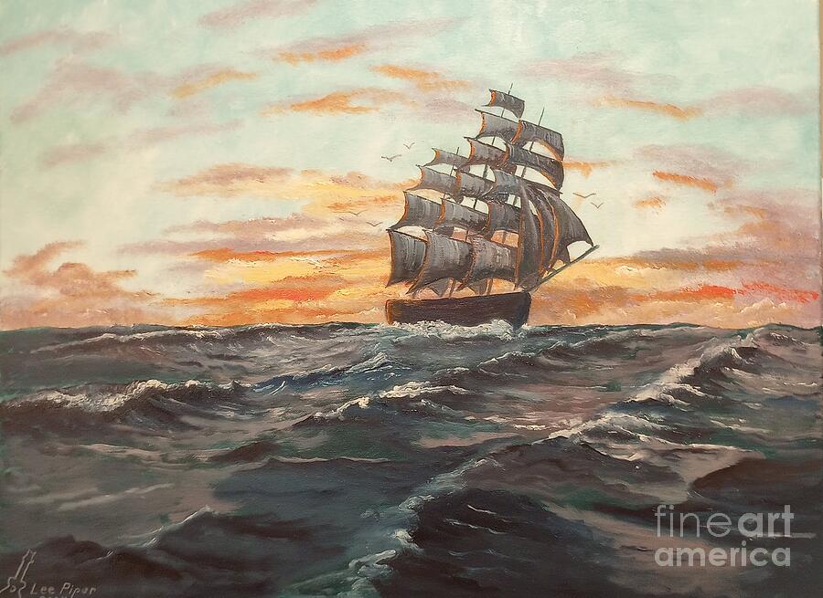 Sunset Painting - Tall Ship Sunset by Lee Piper
