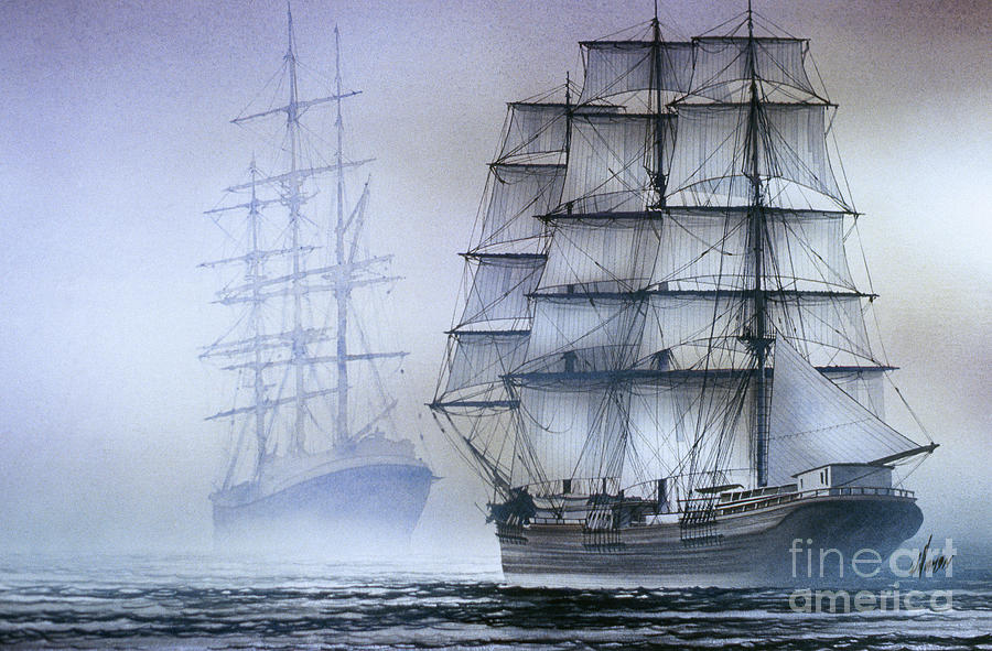 Tall Ships Misty Blue Harbor Painting by James Williamson