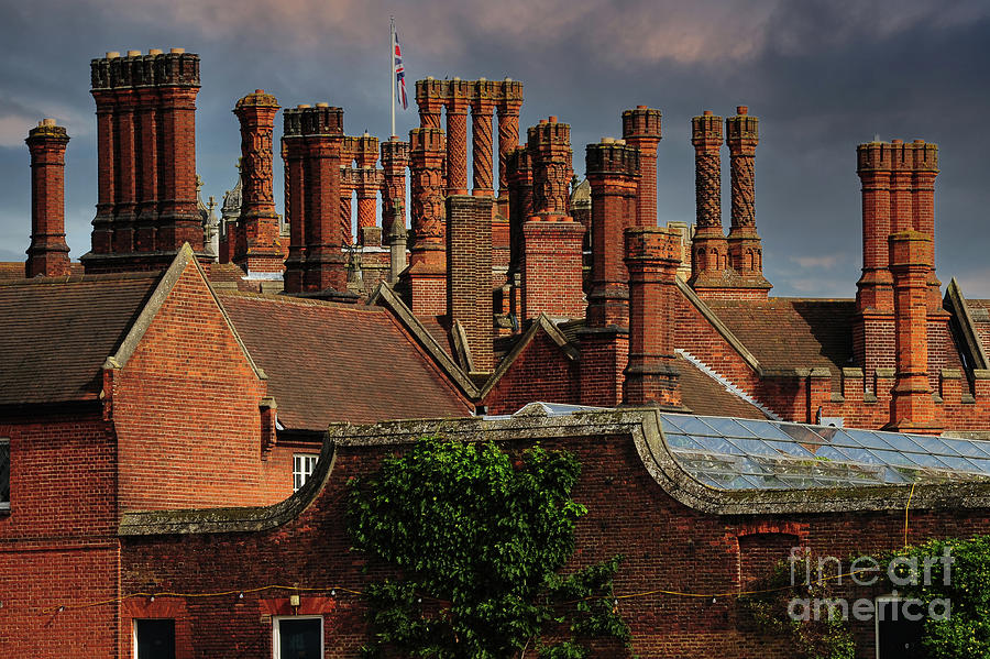 Tall Tudor chimneys of Hampton Court Palace, London, built early 1500s ...