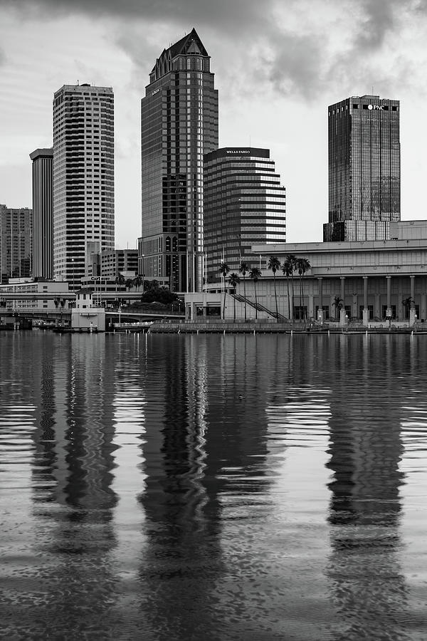 Tampa Bay Skyline Reflections and Cityscape - Black and White Photograph by Gregory Ballos