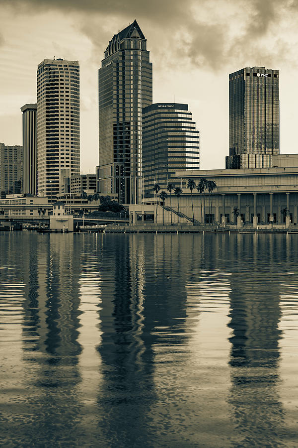 Convention Center Photograph - Tampa Bay Skyline Reflections and Cityscape - Sepia by Gregory Ballos