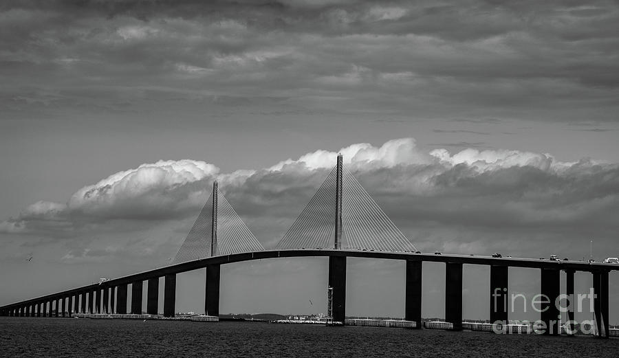 Tampa Bay Skyway Bridge Black and White Coastal Landscape Photograph Photograph by PIPA Fine Art - Simply Solid