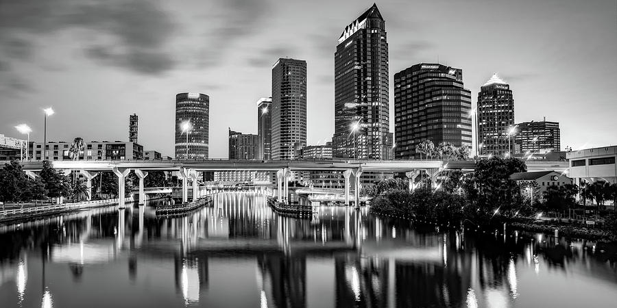 Black And White Photograph - Tampa Florida Skyline Panorama in Black and White by Gregory Ballos