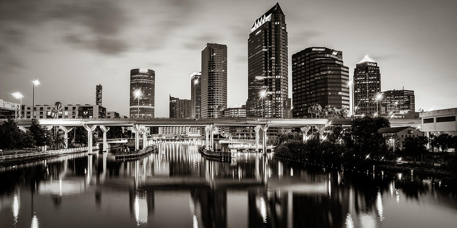 Tampa Riverwalk Photograph - Tampa Florida Skyline Panorama - Sepia by Gregory Ballos