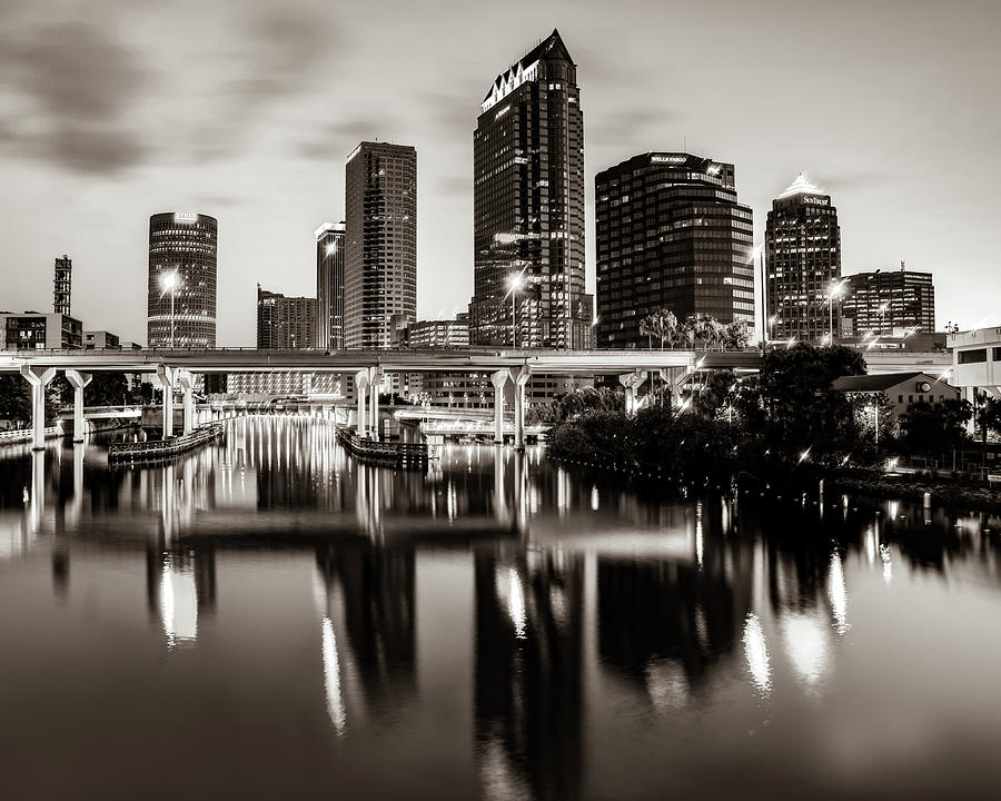 Tampa Skyline Photograph - Tampa Skyline Over Selmon Expressway in Sepia by Gregory Ballos