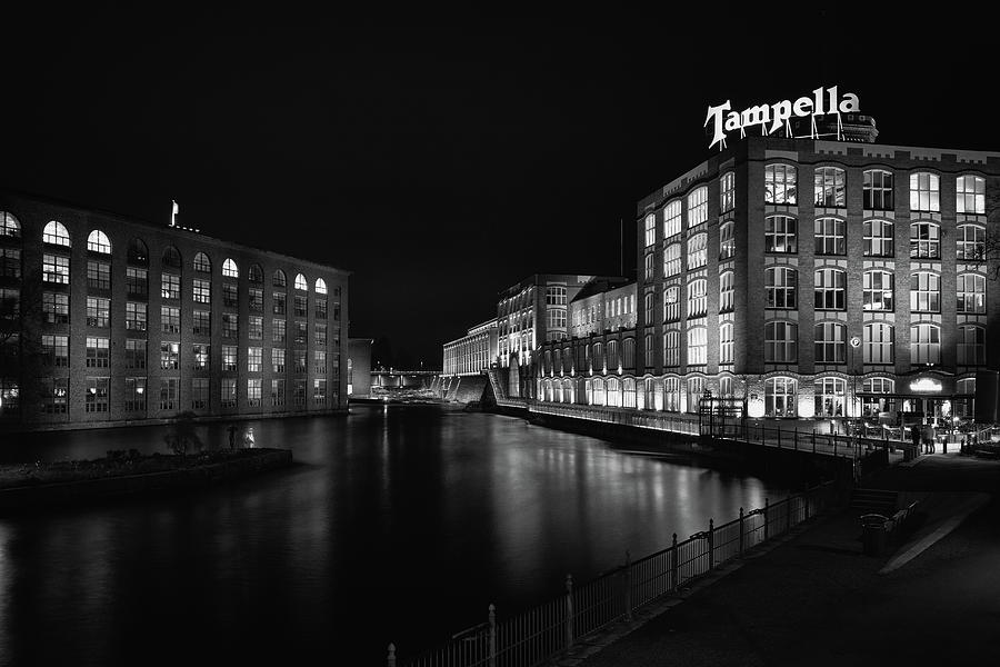 Tampella and Tammerkoski 2021 on one October night bw Photograph by Jouko Lehto