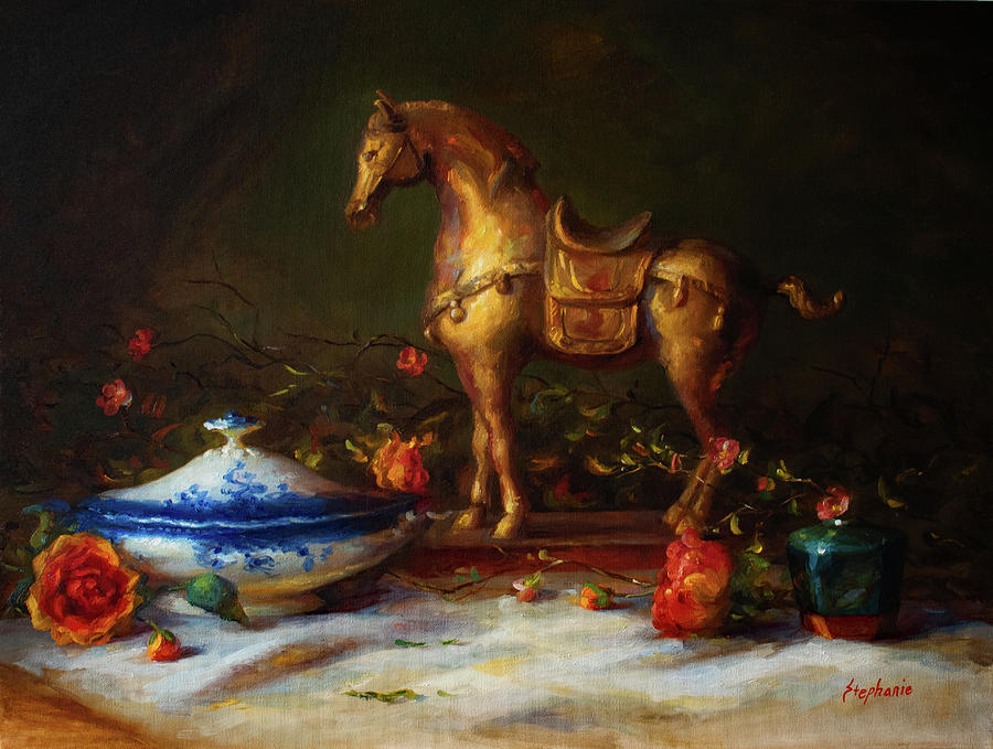 Tang Horse with Flow Blue and Orange Roses Painting by Stephanie K ...