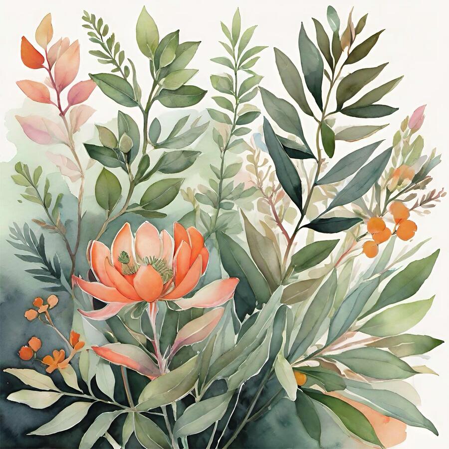 Tangerine and Olive Botanical Painting by Bonnie Bruno