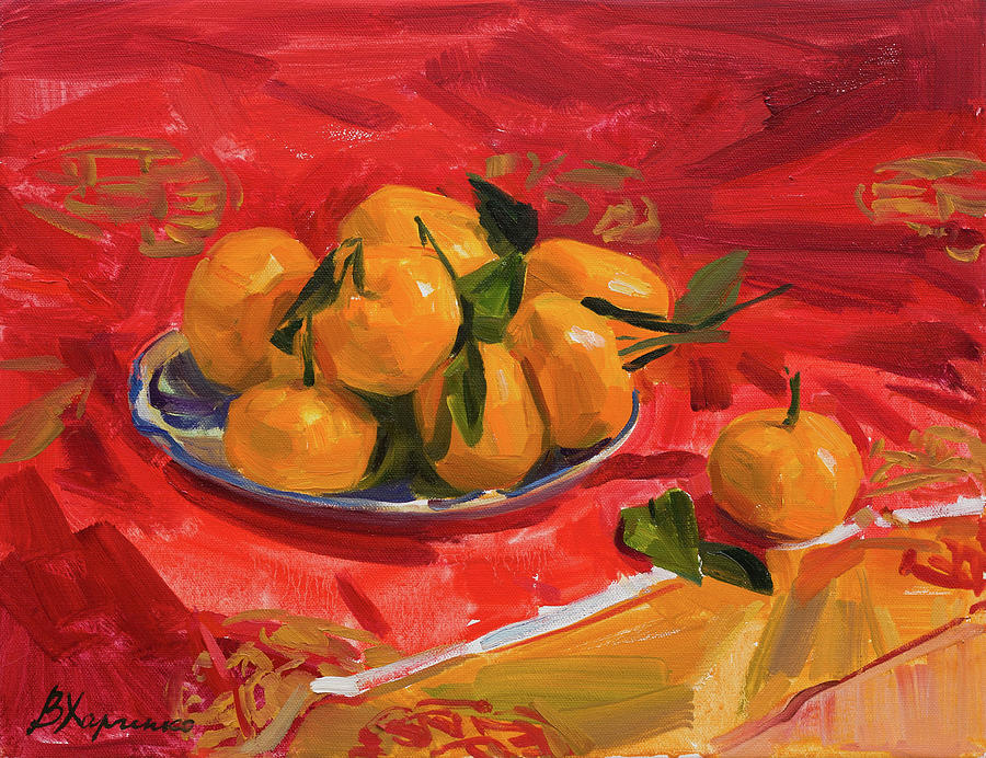 Tangerines on red Painting by Victoria Kharchenko