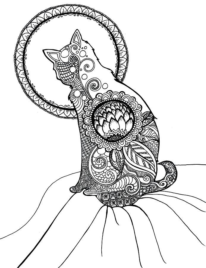 Tangle Pattern Cat Drawing by Katherine Nutt