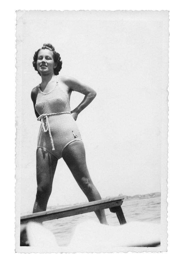 Tanned Girl with Swimwear in 1935.Black And White Photograph by Lisa-Blue