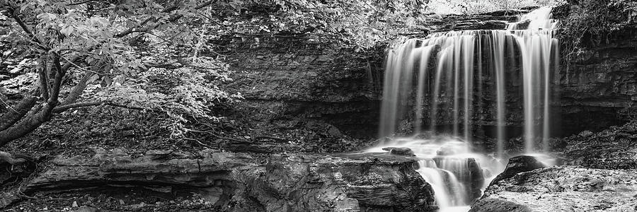 Tanyard Creek Falls Nature Panorama in Black and White - Northwest Arkansas Photograph by Gregory Ballos