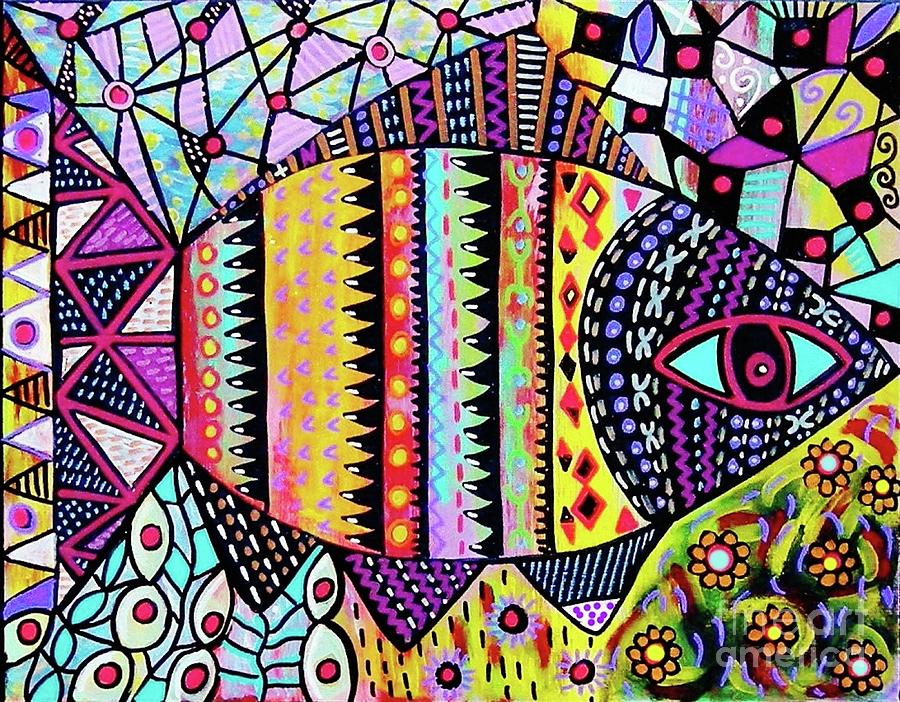 Talavera Tapestry Fish #1 Painting by Sandra Silberzweig