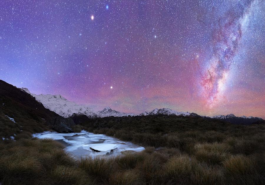 Tarns frozen with ice and milkyway sky above Photograph by Kathryn Diehm