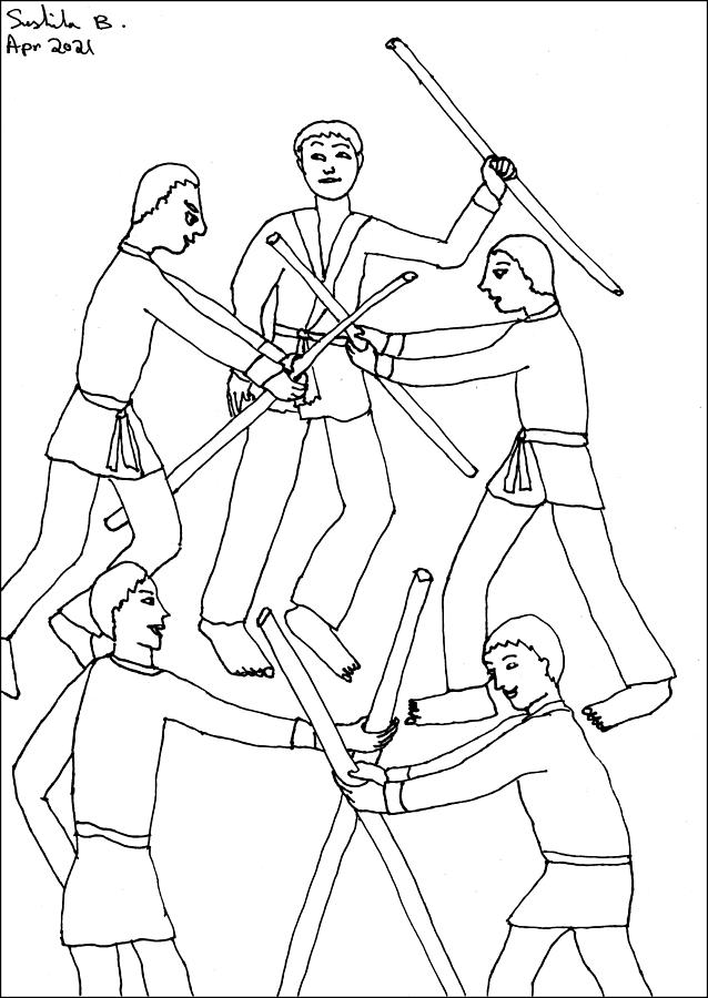 Tarot Drawing - Tarot Colouring Book Five of Wands by Sushila Burgess Tarot Drawing - Tarot Colouring Book Five of Wands by Sushila Burgess