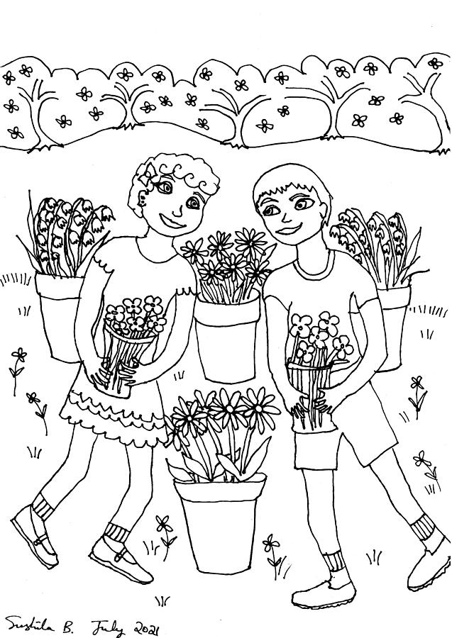 Tarot Drawing - Tarot Colouring Book Six of Cups by Sushila Burgess Tarot Drawing - Tarot Colouring Book Six of Cups by Sushila Burgess