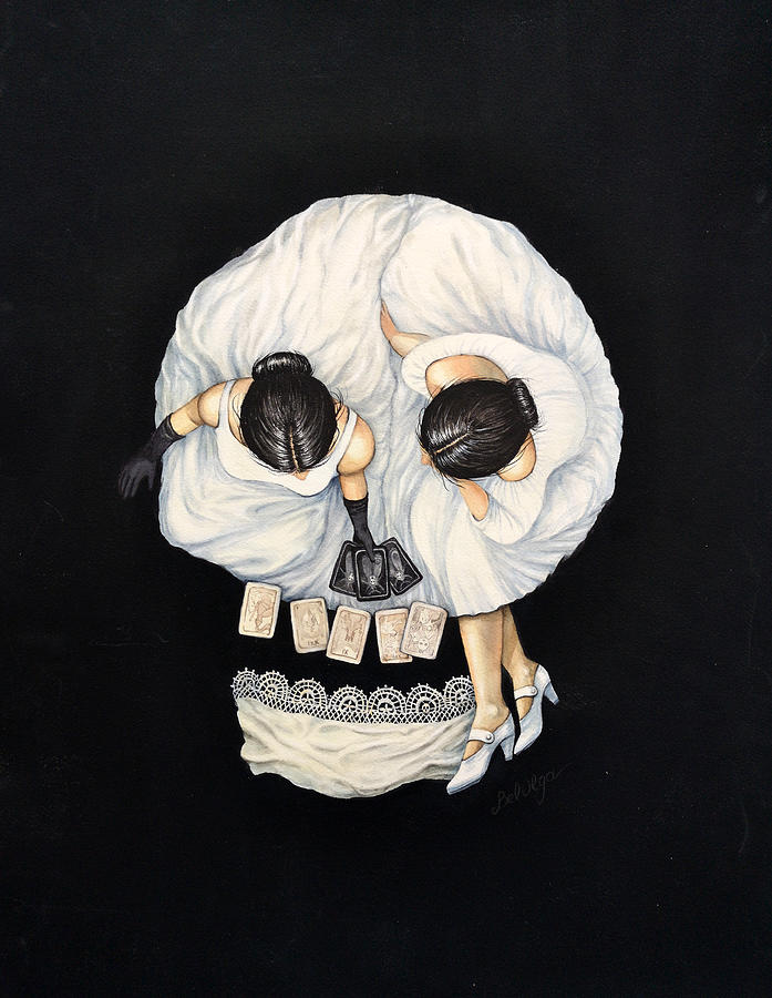 Skull Painting - Tarot Reader Girl - Optical Illusion Skull Portrait by Olga Belyaeva