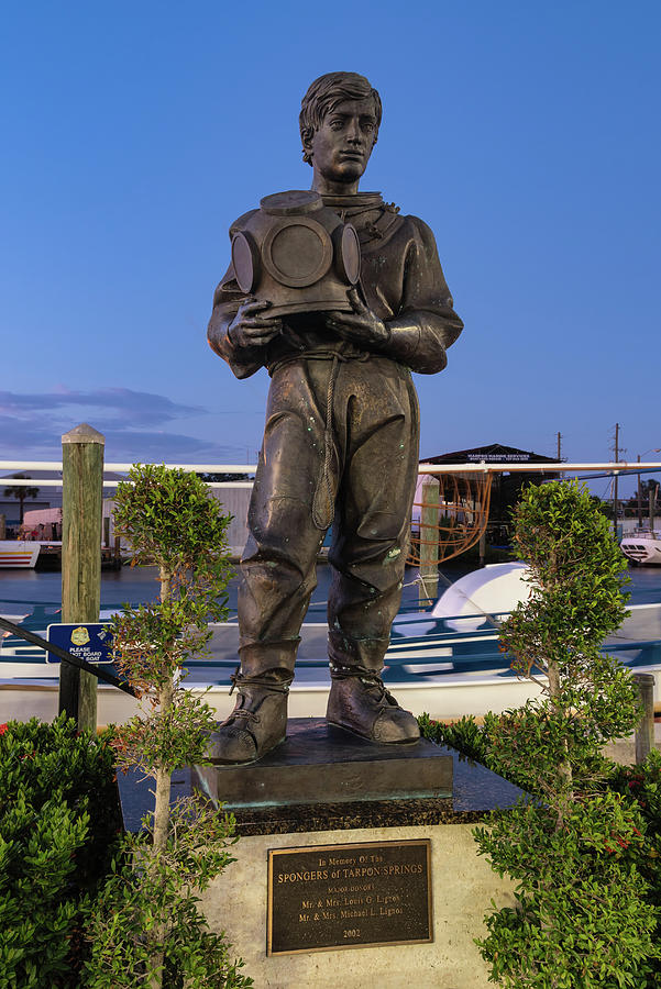 Greek Photograph - Tarpon Springs Sponge Diver Statue at Blue Hour, Tarpon Springs by Dawna Moore Photography