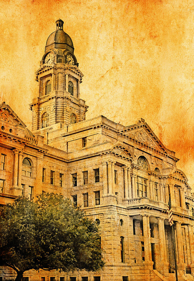 Tarrant County Courthouse in Fort Worth, Texas, blended on old paper Digital Art by Nicko Prints