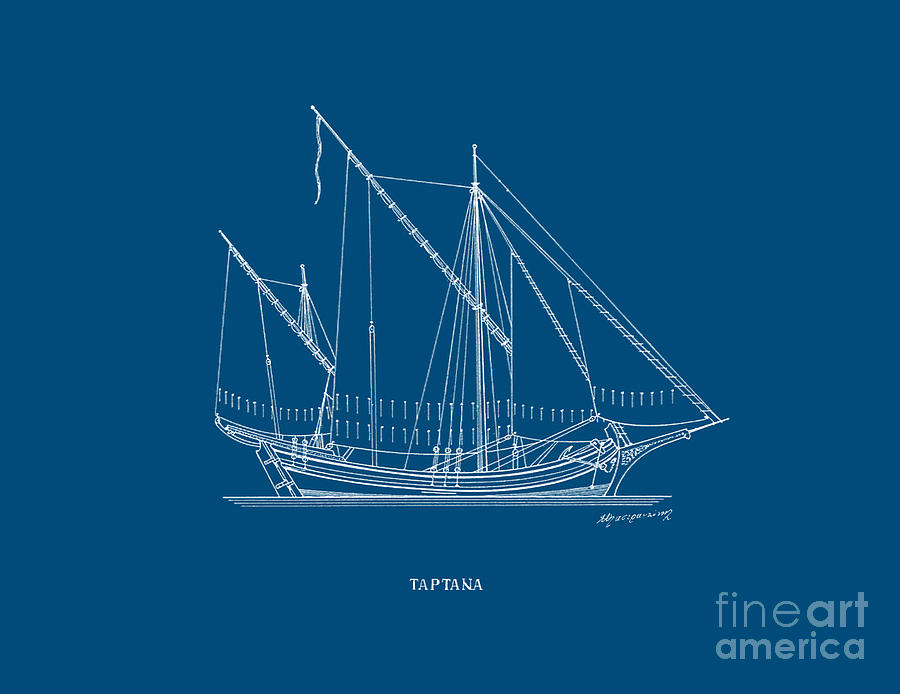 Tartana - traditional Greek sailing ship - blueprint Drawing by Panagiotis Mastrantonis