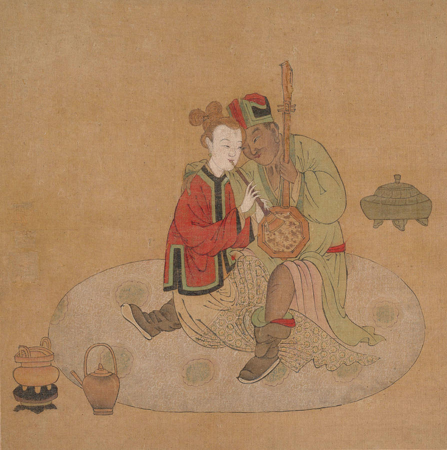 Tartar Officer with Blond Lady Playing Musical Instruments. Painting by Unidentified Artist