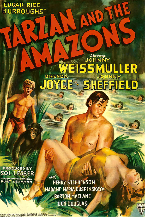 Johnny Weissmuller Mixed Media - Tarzan and the Amazons, with Johnny Weissmuller, 1945 by Movie World Posters