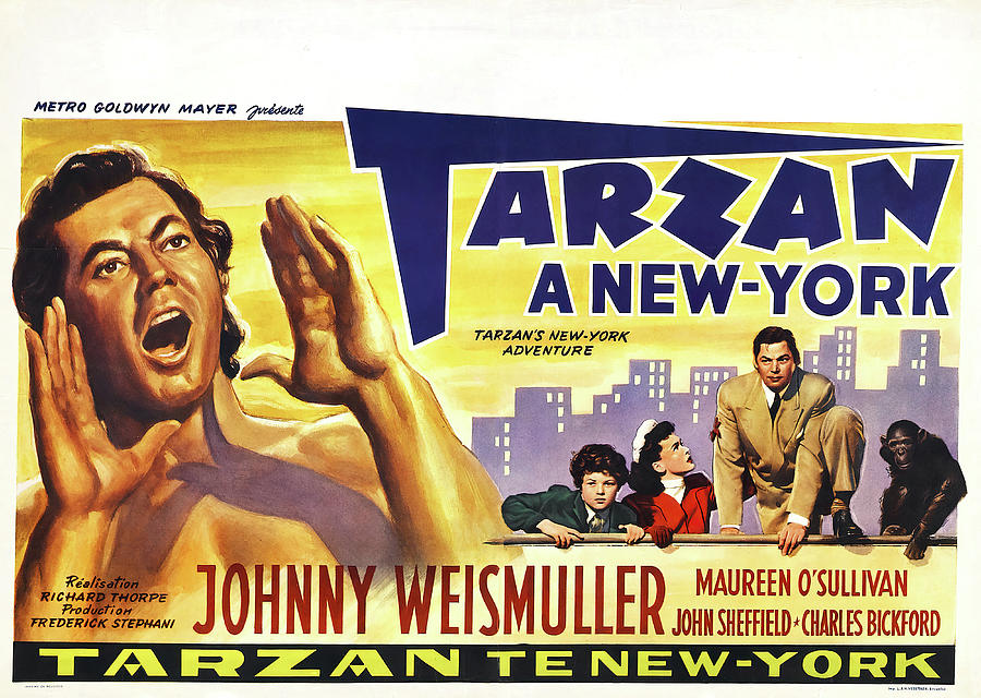 Vintage Mixed Media - Tarzans New York Adventure, with Johnny Weismuller, 1942 by Movie World Posters