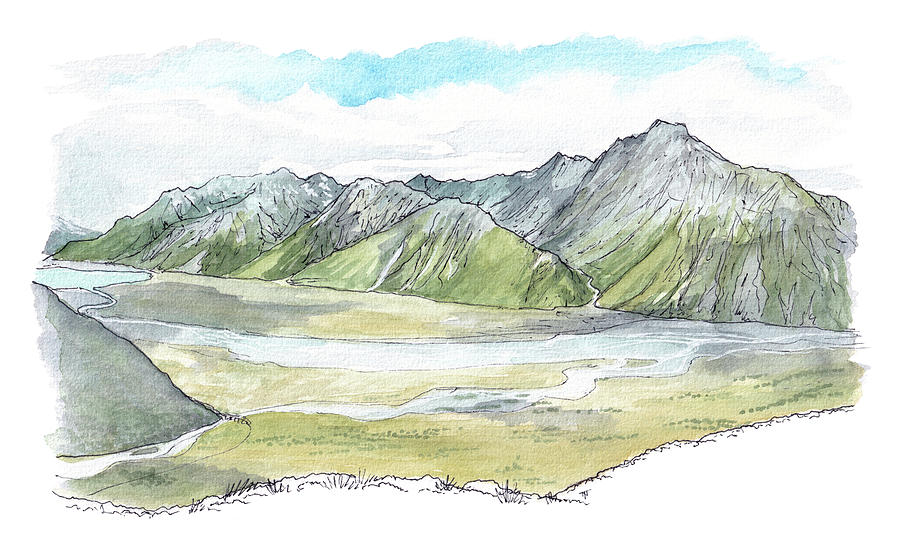 Tasman River Valley from Red Tarn ridge Painting by Tom Napper