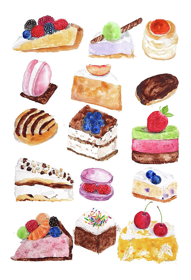 Tasty Cakes Collection Watercolor Painting by Color Color