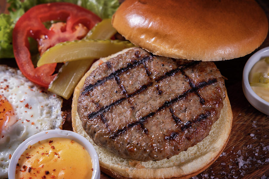 Tasty Grilled Burger With Ingredients. Delicious Burger Photograph