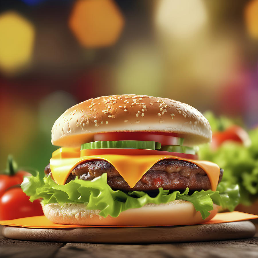 Tasty hamburger sandwich with cheese and veggies.   Digital Art by Ray Shrewsberry