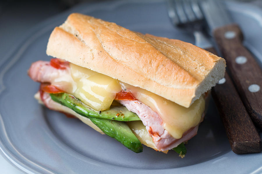 Tasty sandwich with avocado, bacon, tomato and cheese Photograph by Arx0nt
